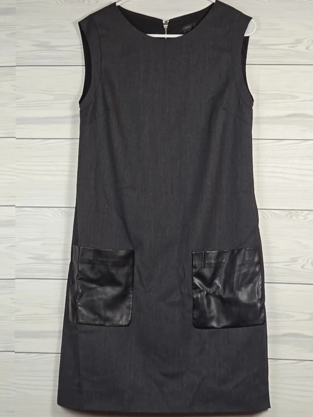 J. Crew Charcoal Gray Sleeveless Shift Dress with Black Faux Leather Pockets 4T